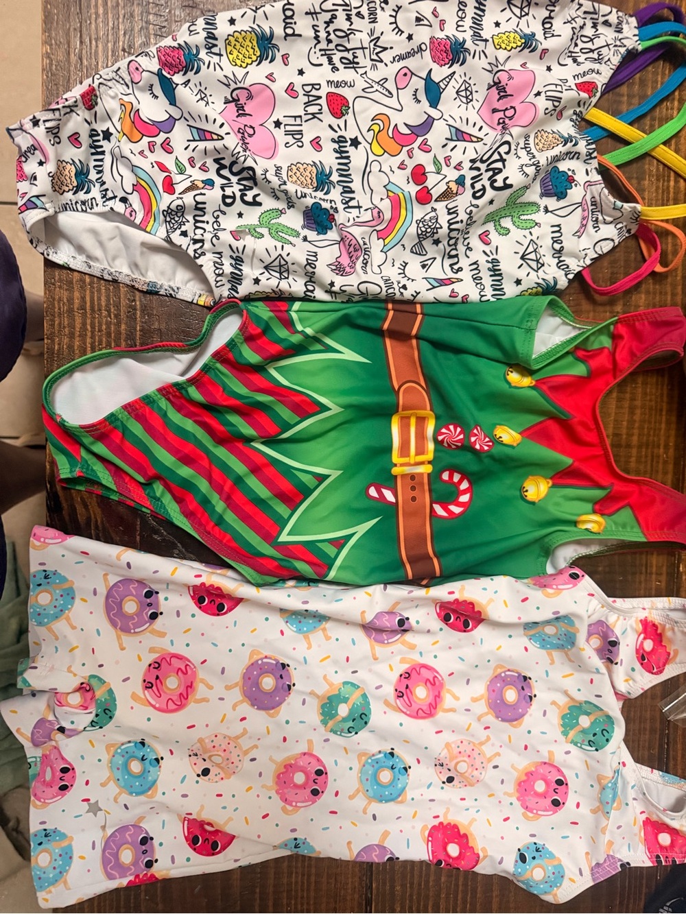 Holiday Elf & Fun Print Girls One-Piece Leotards- Unicorn, Elf, Donut